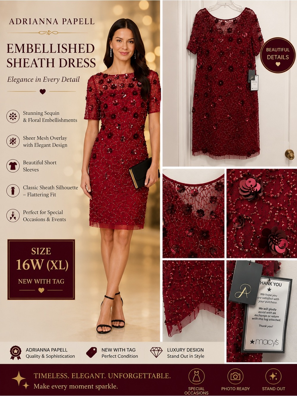 Adrianna Papell boat neck rich  read Embellished Sheath Midi Dress.size 16 W
